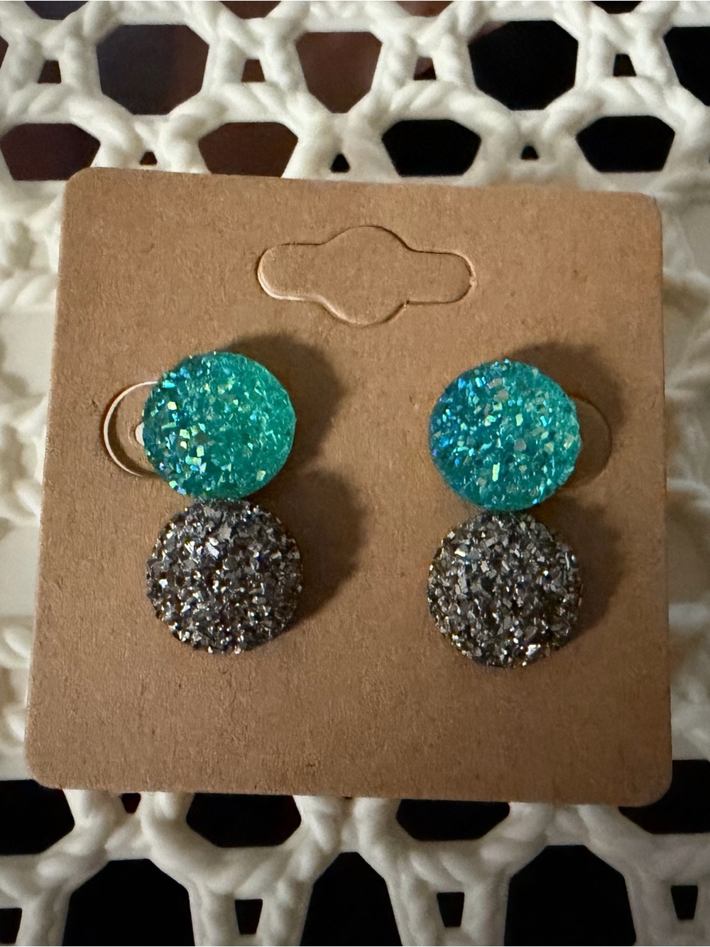 Turquoise and Silver Druzy Stud Earrings- hypoallergenic